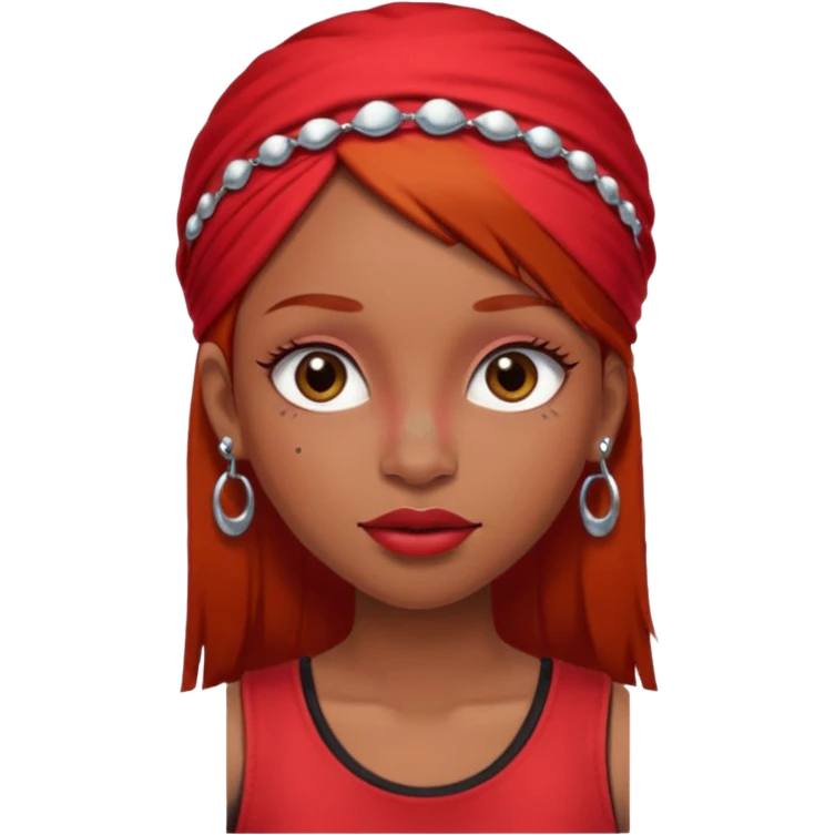 light-skinned black girl with long eyelashes with long strait dark brown hair with edges wearing a red top with no sleeves. and a red accessory on her head with nose and mouth piercings. emoji