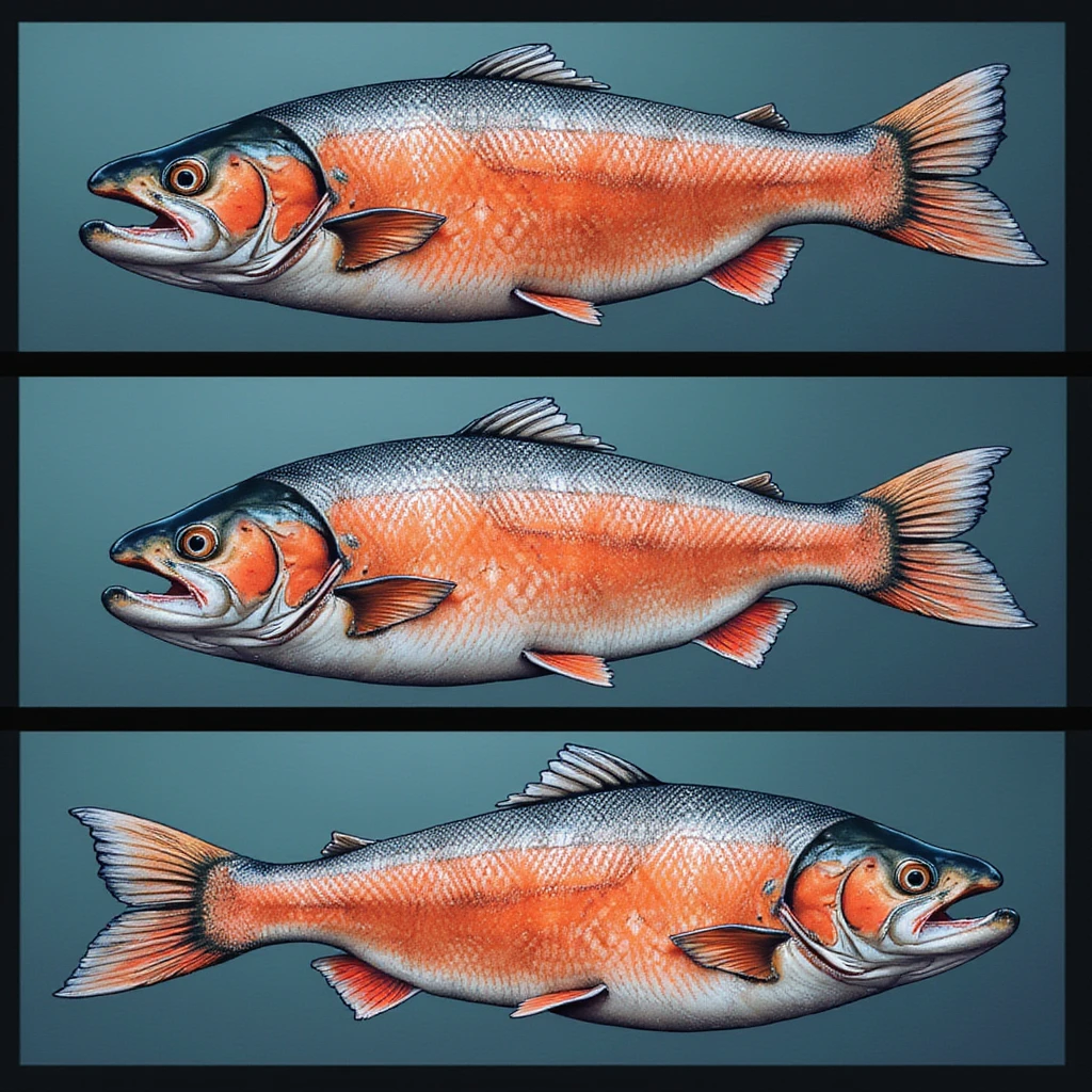 comic style realistic 4K image with three panels: first panel shows salmon with parasites, second panel shows salmon in blast chiller, third panel shows safe to eat salmon emoji