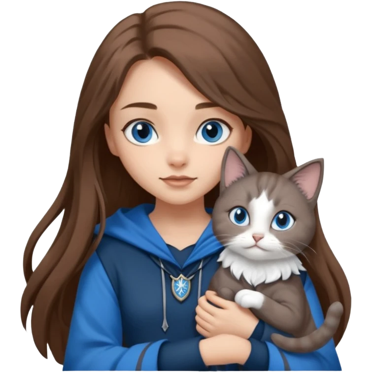 gorgeous Girl with light skin, blue eyes, long brown hair, wears a ravenclaw outfit, with a grey and white cat holding in her arms emoji