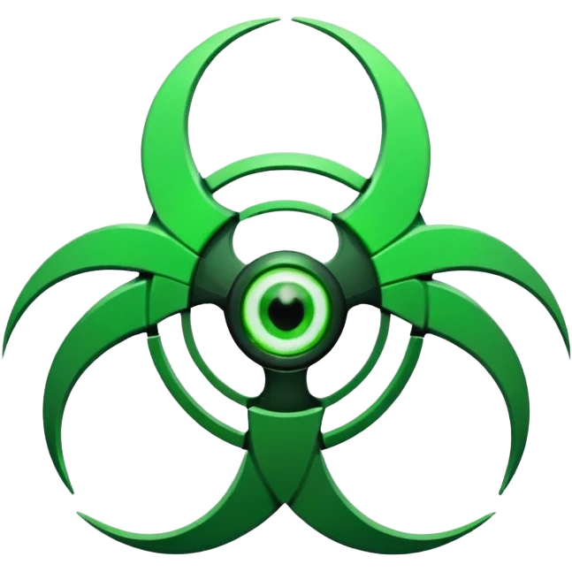 Minimalist emoji-style sticker of a fractured biohazard symbol with a small eye in the center. Stylized, geometric, no text.
 emoji
