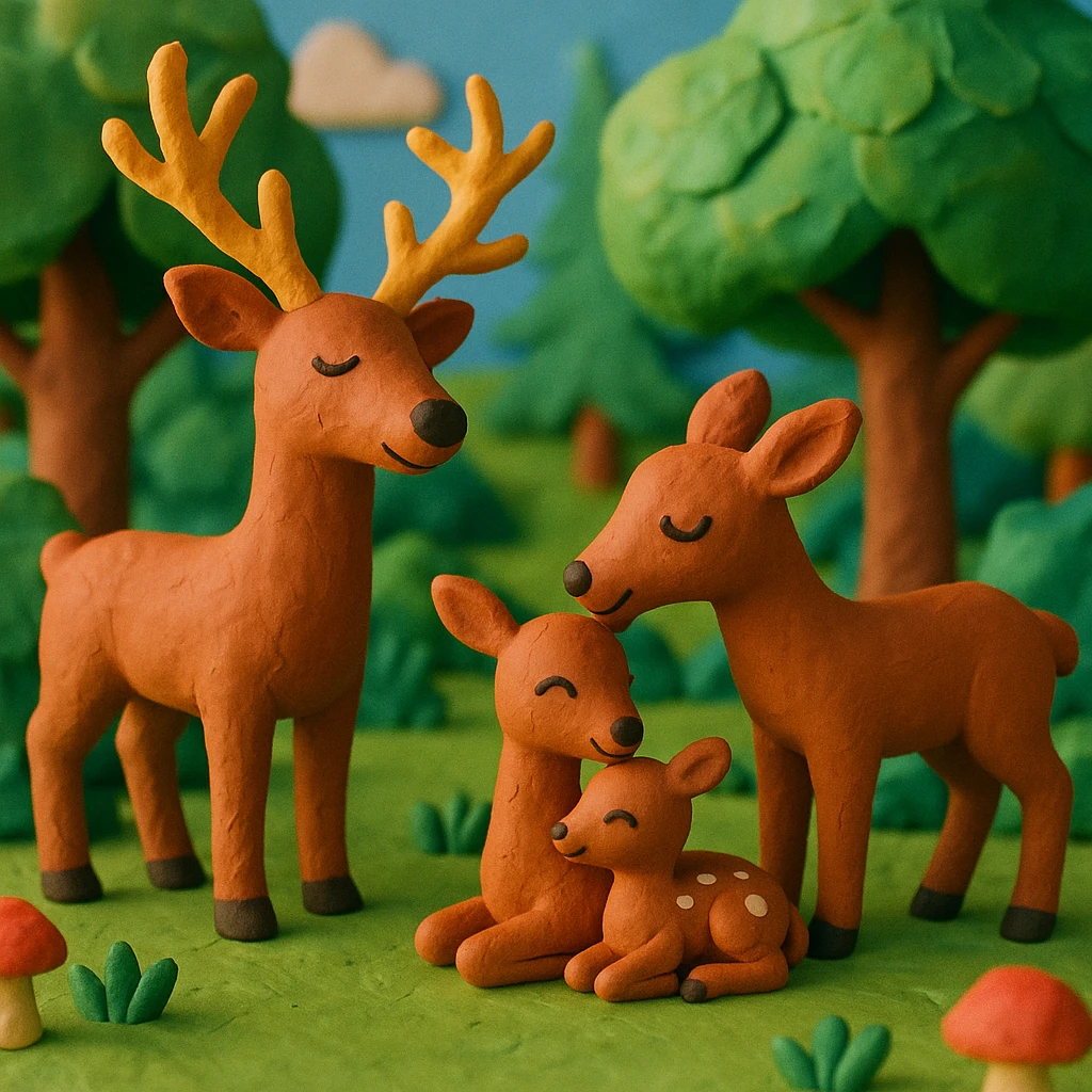 deer family in a woodland clearing, vibrant colors, cheerful and cozy, claymation style emoji