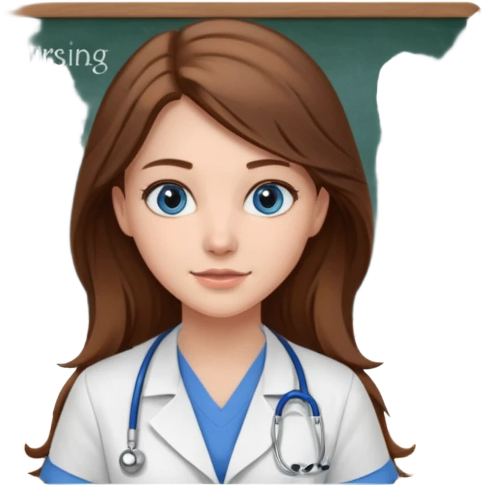 university classroom that says nursing school on the blackboard with a pretty female nursing student with long brown hair, blue eyes emoji