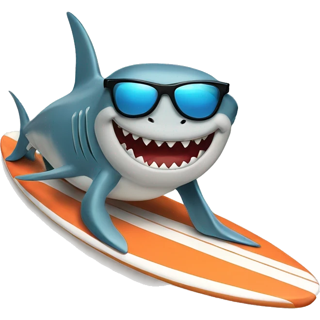 Shark on a surfboard with sunglasses on emoji