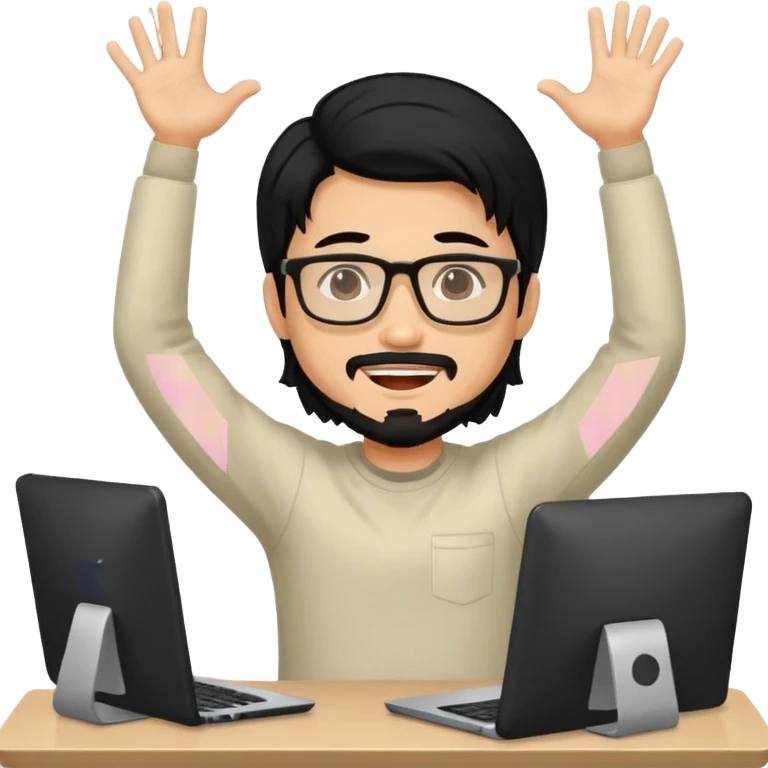 a young man with long black hair, with goatee, wearing glasses sitting with a computer, his arms up,cheering emoji