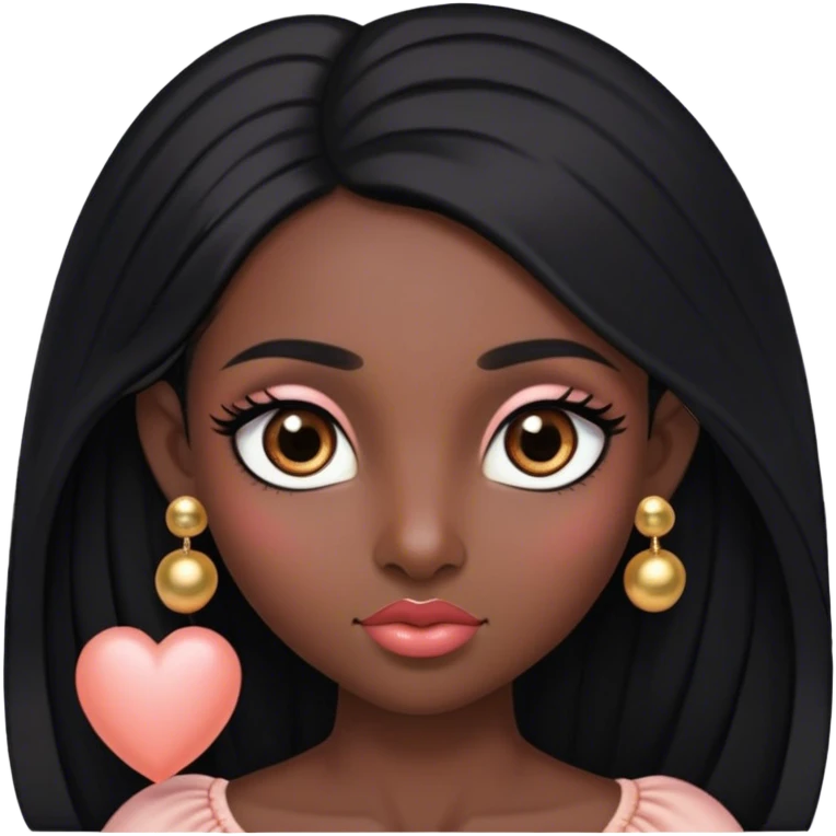 Pelo negro largo lacio hacia el frente,tes negra, cejas pronunciadas, ojos grandes con pestañas largas color marrón oscuro los ojos, nariz pequeña, labios grandes con arco de cupido color coral claro, orejas pequeñas y con pantallas pequeñas de bolita color oro emoji