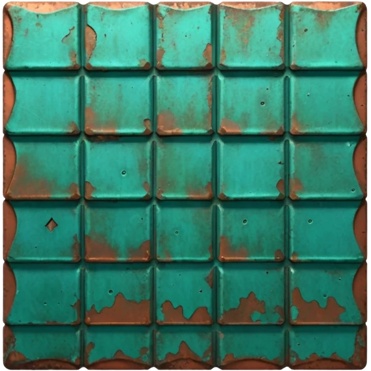3D render of Roof Tile, heavily oxidized copper texture, verdigris patina, Aged green copper shingle, weathered bronze aesthetic, ancient decay, emoji style, isolated on white background --v 6.0. emoji