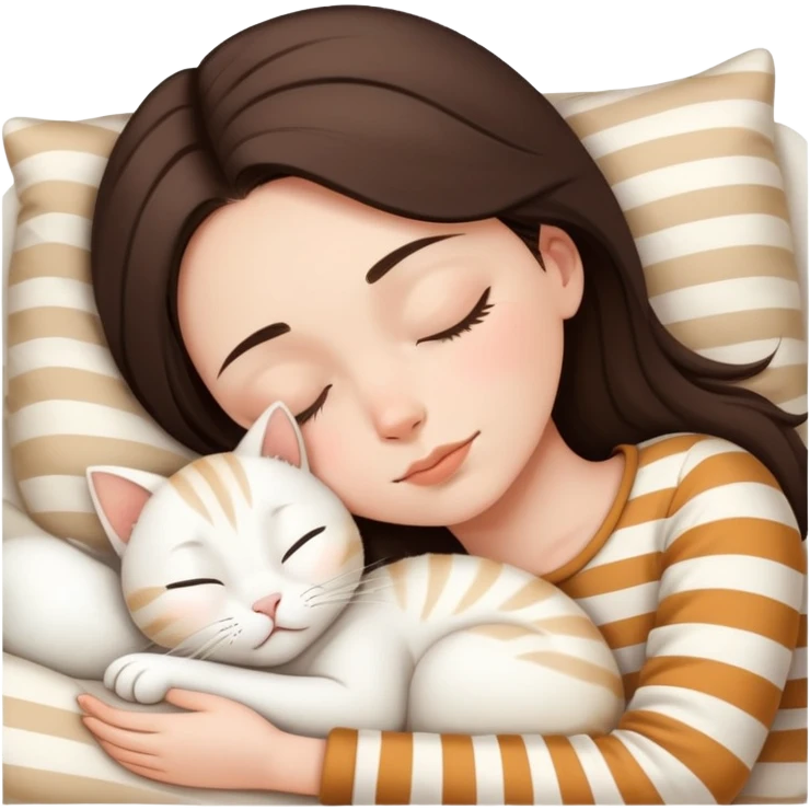 Brunette girl sleeping with white cat with beige stripes emoji
