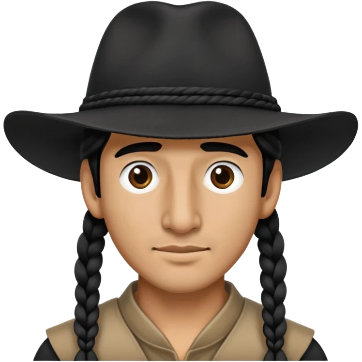 Man wearing a black wide brim hat with a long nose with 1 braid of hair on each side of his face emoji