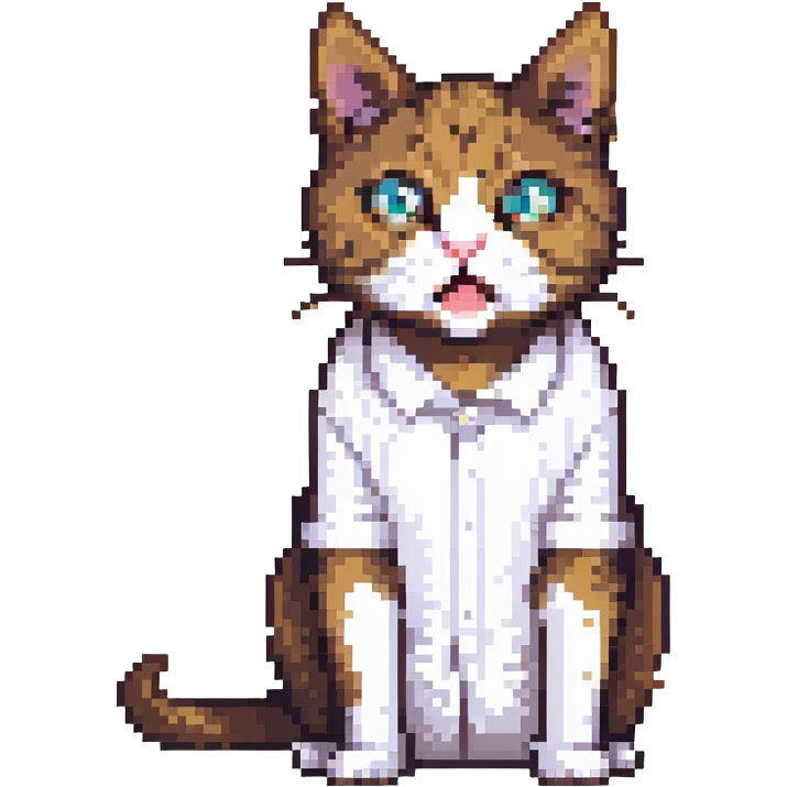pixel art of a surprised cat in a white shirt with a brown stain emoji