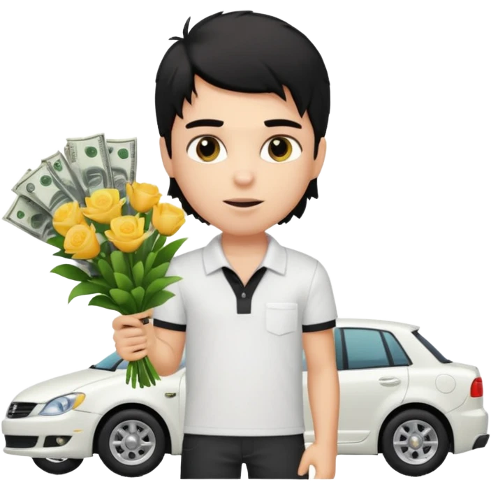 generate a pretty fair bratz boy with a messy mullet (black hair), wearing a white polo.  carrying a bouquet made of money. expensive car behind him emoji