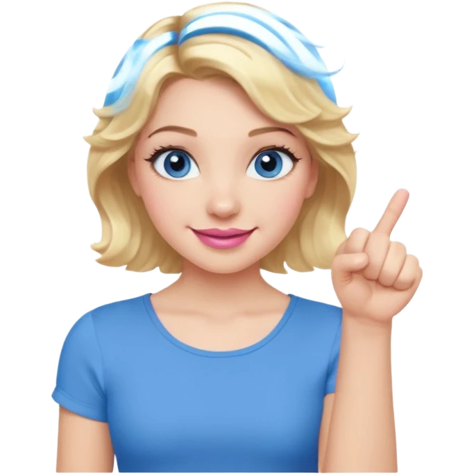 Girl Blonde short wavy hair,  blue eyes, cute blue top, long lashes, pink lips, smiling, fist bump emoji