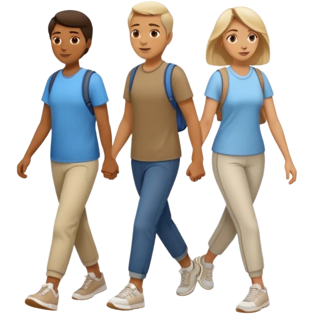 iOS emoji style - a men and 2 women in casual clothes and wearing trainers. Walking in the same direction quickly together. 
Not holding hands. No backpacks. 
 emoji