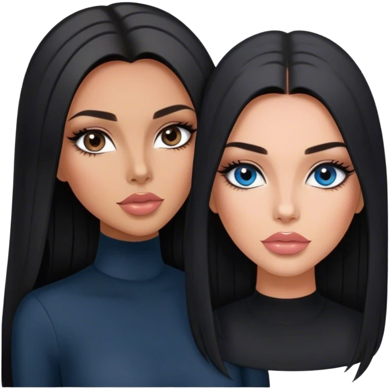 Glamours, tanned, very beautiful girl, with big pump peach-beige-rose lips, long long lashes, black straight smooth silky long hair, straight parting hair, blue-grey eyes in black clothes emoji