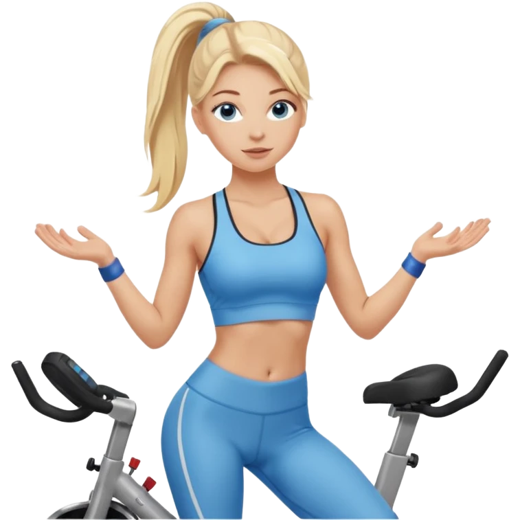 White girl blue eyes blonde hair in long pony tail instructing spin class in sports bra and leggings  emoji