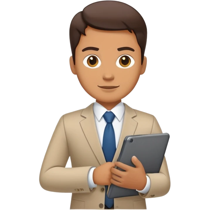 A flat-style illustration of a business executive confidently, holding a digital tablet or folder. The character wears smart business attire emoji