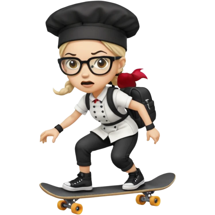 ["An angry woman with light skin, ponytail, wearing a chef hat and square glasses, dressed in goth fashion, is skateboarding while holding a backpack."] emoji
