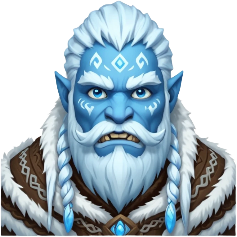 Legendary fantasy orc Christmas portrait icon, Frostfather and Snow Maiden inspired, primal winter god style, massive icy beard, glowing blue eyes, heavy fur coat, tribal frost runes, powerful brutal presence, blizzard atmosphere, clean stylized emoji icon
 emoji
