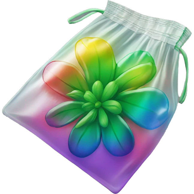 Green flower buds in a ziplock bag that’s reflecting rainbow colors  emoji