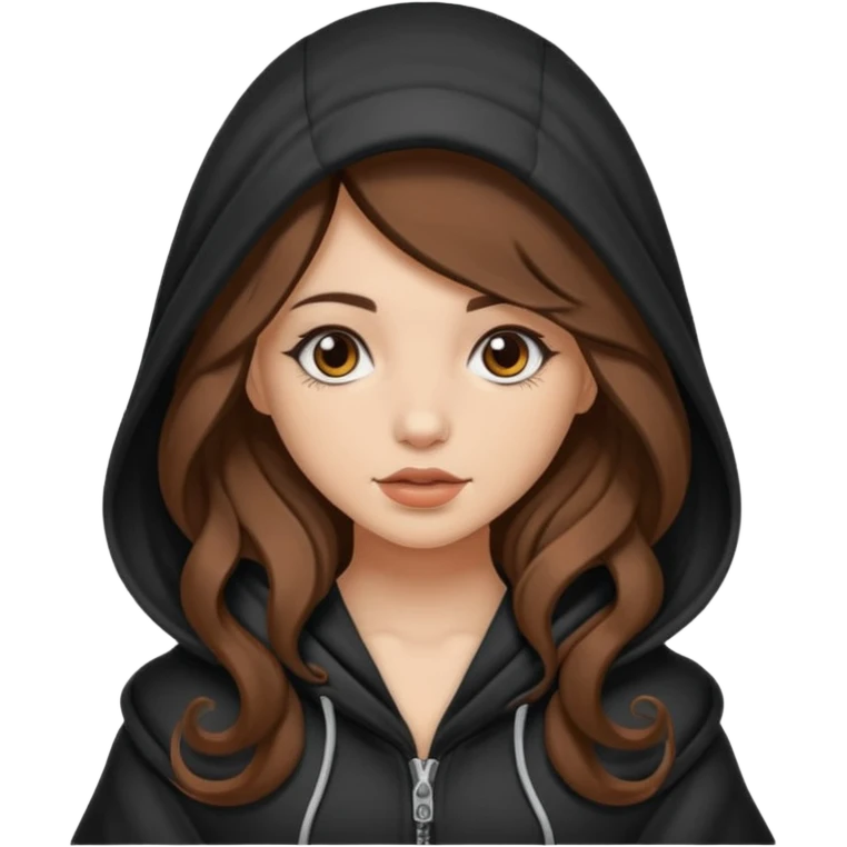 cute woman long wavy brown hair tattoos curled inside hood emoji