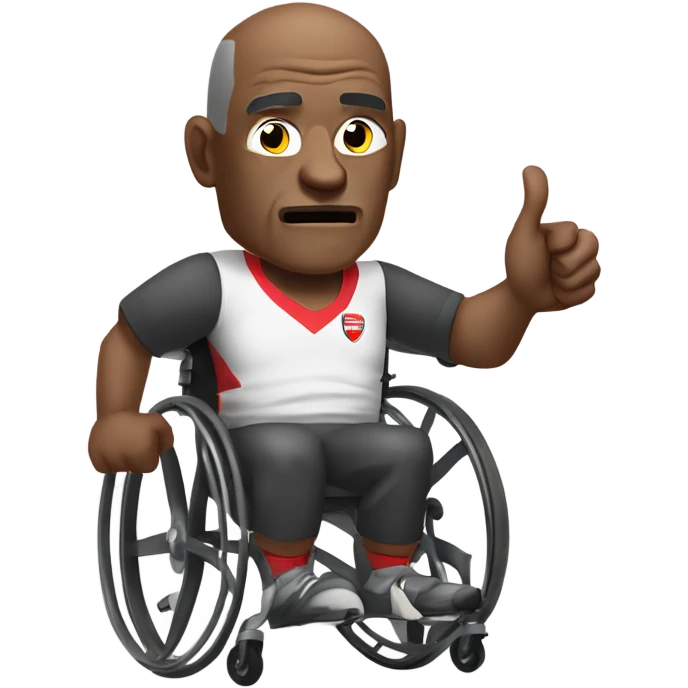 old black bald man with a round pot belly in wheelchair. angry face. grey stubble. he is pointing finger in front. wearing Arsenal soccer shirt. white word bubble emoji
