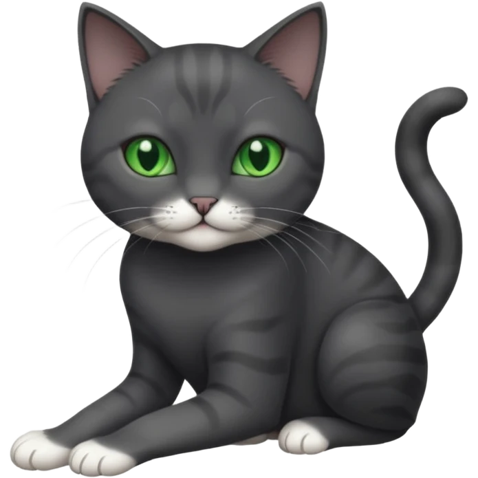 beautiful female solid dark grey cat with green eyes, white toes/paws and white patch on her chest playing emoji