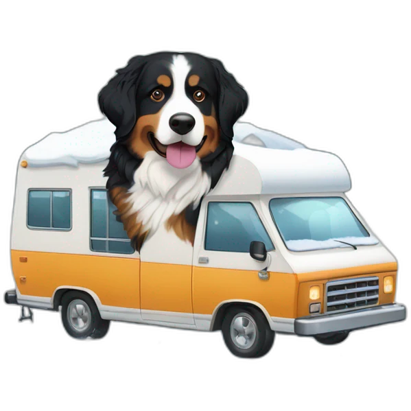 bernese mountain dog driving camper under snow emoji