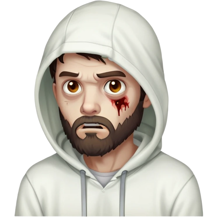 thinking zombie wearing white hoodie, with dark brown hair and short full beard emoji