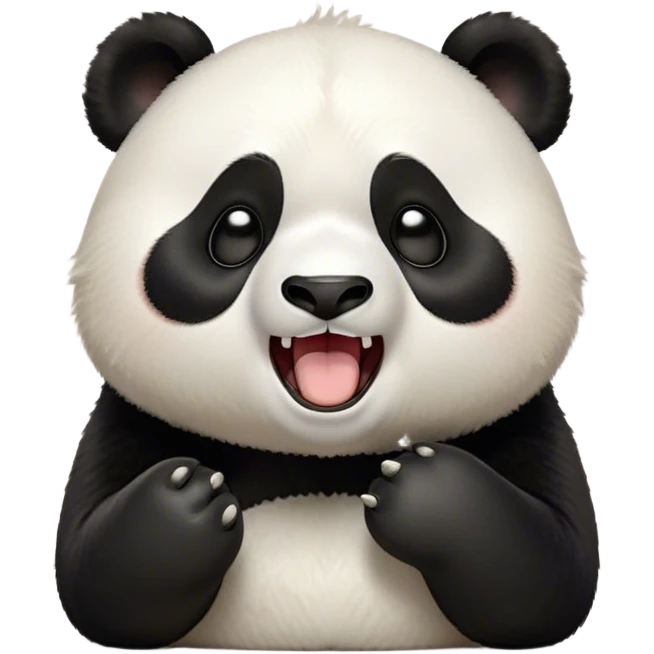 Cinematic Cute Yawning Panda Portrait Emoji, Head tilted slightly with a dramatic, wide-open yawn, showcasing a soft, plush black and white Fur with droopy ears, round eyes barely open in drowsy contentment, Simplified yet irresistibly adorable features, highly detailed, glowing with a soft, cozy glow, high shine, relaxed yet expressive, stylized with a touch of gentle whimsy, bright and endearing, soft glowing outline, capturing the essence of a sleepy yet affectionate panda, so drowsy it feels like it could stretch right out of the screen and curl up for a nap! emoji