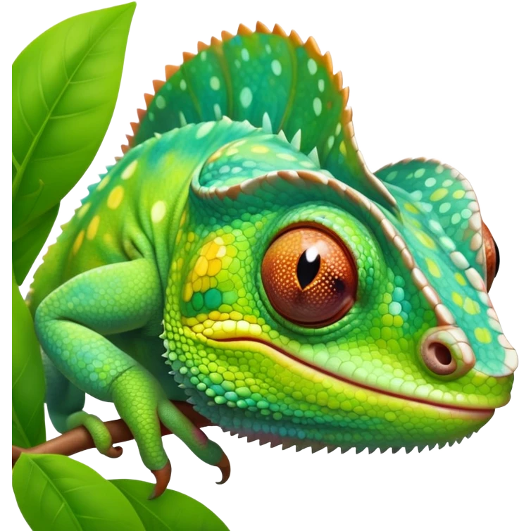 cinematic cute-smiling baby chameleon-realistic emoji,-blending-with-vibrant-greenery.-detailed-scales-in-shifting-colors,-showing-the-chameleon’s-ability-to-camouflage.-soft-natural-light-highlights-its-texture.-light-background, zoomed into its face emoji