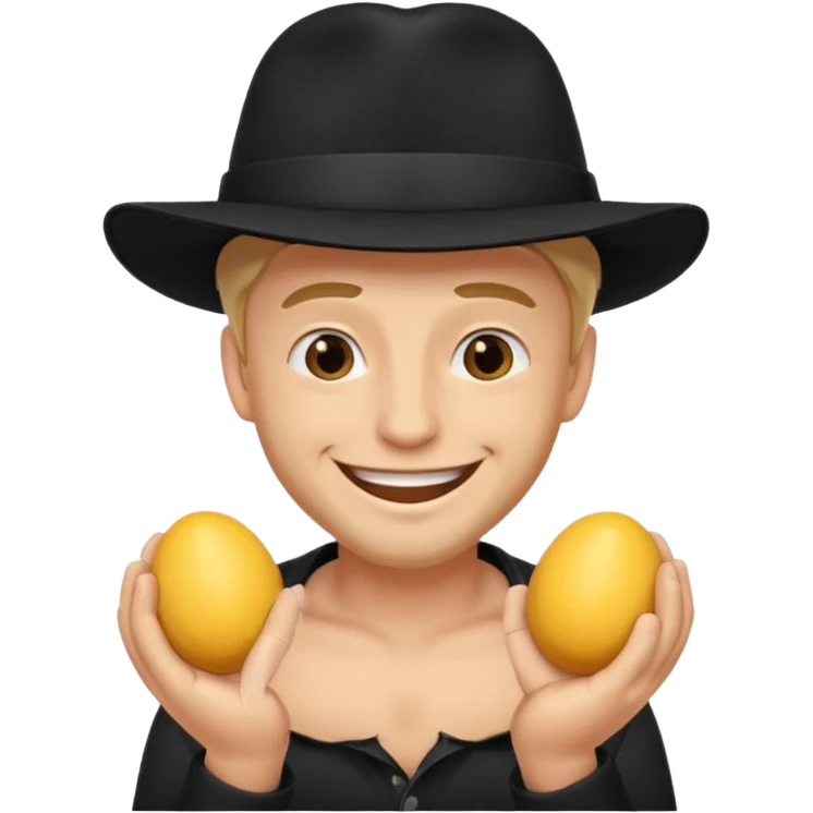 superstitious smiling man in black hat squeezing his testicles emoji