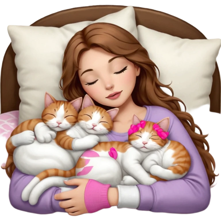 girl with long wavy brown hair, brown eyes, long lashes makeup, sexy pink lips, light to medium complexion,  sleeping on a cozy pillow, with 6 cats: 1 brown and white tabby cat, 1 ginger and white, 2 grey and white, 1 grey with white mittens and small white patch on chest and 1 calico, sleeping emoji