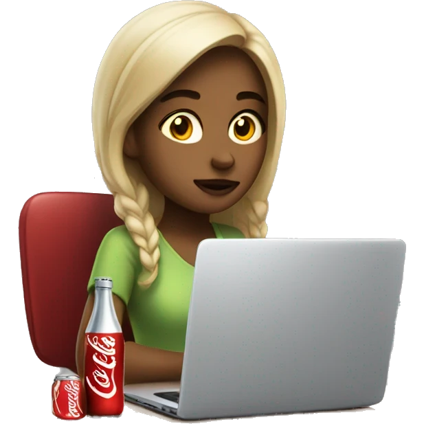 tired girl with laptop drinking coca-cola emoji
