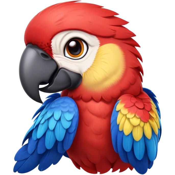Cinematic Realistic Cute Macaw Portrait Emoji, Head tilted playfully and inquisitively, featuring a compact, lively build with intricately detailed, vivid scarlet and blue feathers and a charming, expressive face with round, sparkling eyes full of tropical wonder, rendered with realistic texture and vibrant natural hues, high shine, affectionate and spirited, styled with a touch of whimsical rainforest charm, soft glowing outline, capturing the essence of a mischievous yet lovable macaw that seems poised to flutter playfully into your arms! emoji