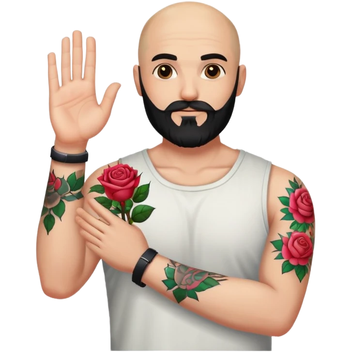 Bald man with black beard raising hand with colorful roses tattoo on forearm  emoji