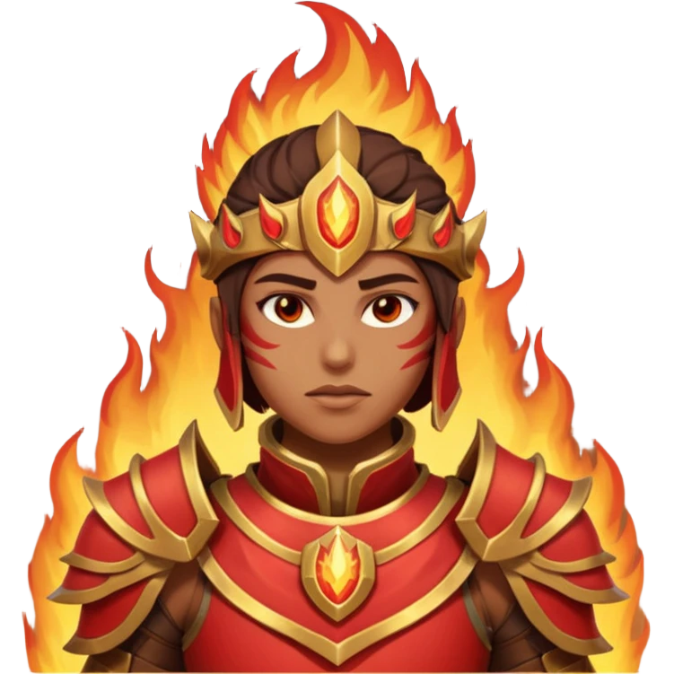 desert fire warrior portrait, head and shoulders only, red-gold armor collar, glowing fire accents, powerful gaze, fantasy desert vibe, 3D cartoon, mobile game icon style, clean background, no text, no watermark
 emoji