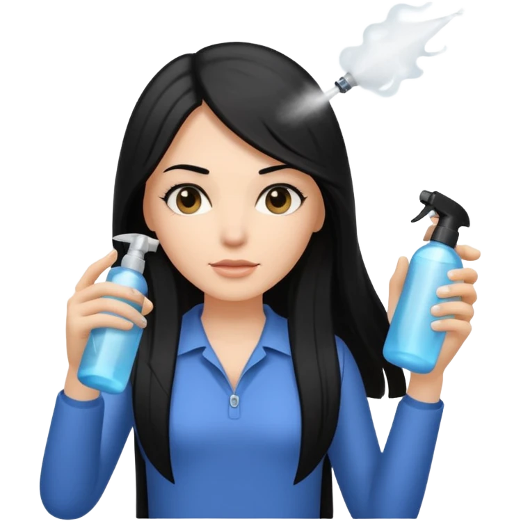 A white woman with long, straight black hair, holding a spray bottle in one hand and misting it toward her hair. emoji