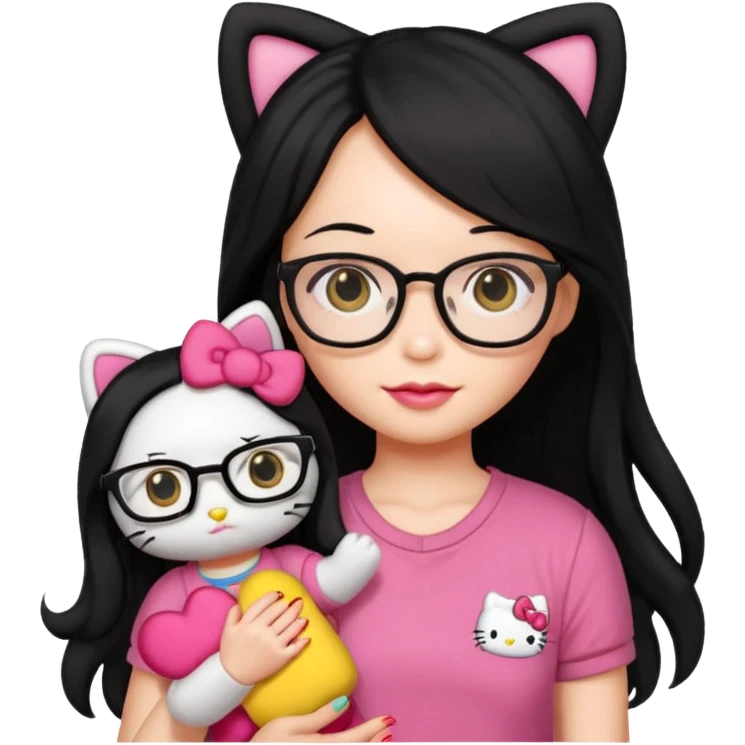 Nails cute with hello kitty wear glasses black long  hair, wear yellow shirt , red nails , big hello kitty doll emoji