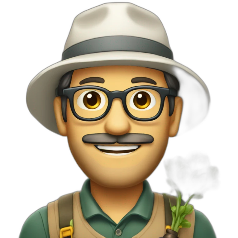 happy gardener short dark hair with long beard with steve job glasses with hat emoji