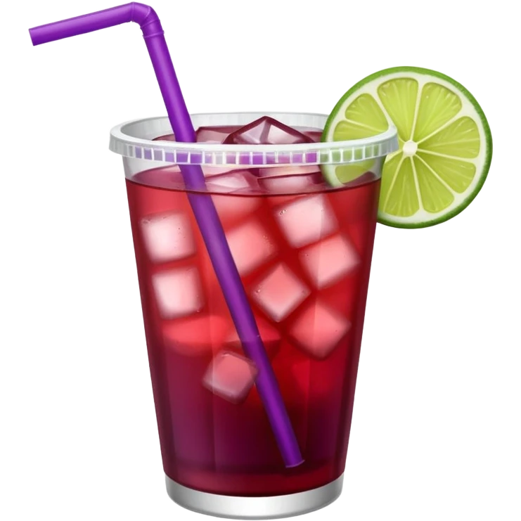 maroon purple cocktail with a lime wedge in the drink in a plastic cup with lid and straw - no lime on edge

 emoji