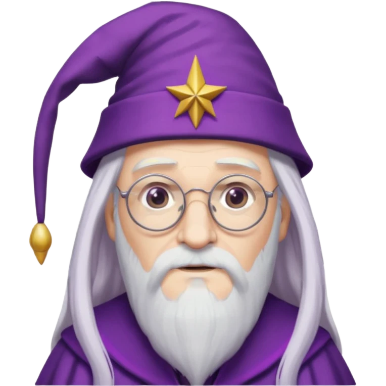 dumbledore, long white hair, wear purple magic hat, glasses emoji