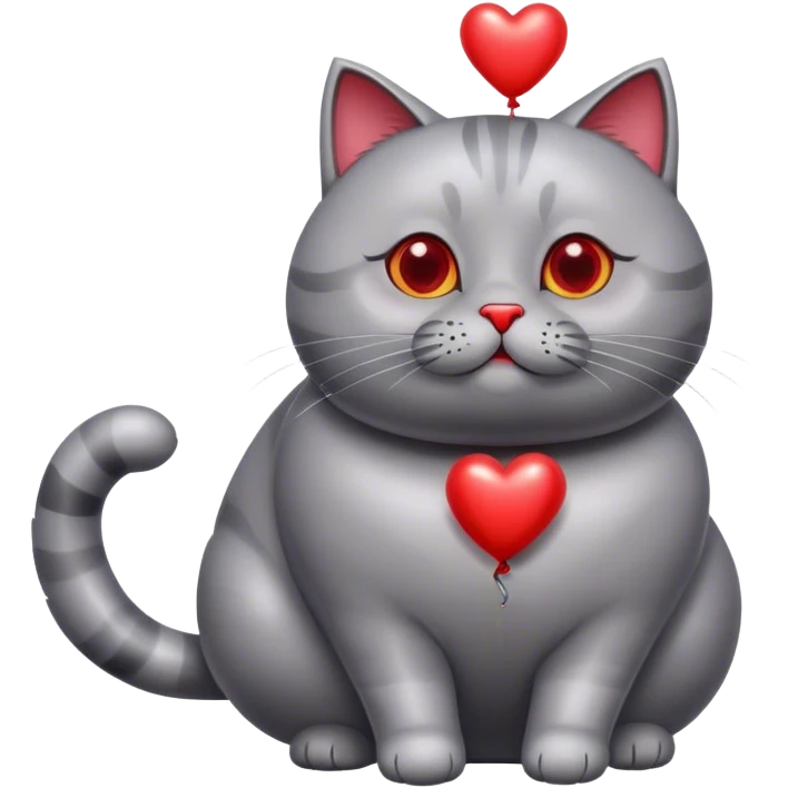 gray fat British cat and red heart metallic baloon emoji