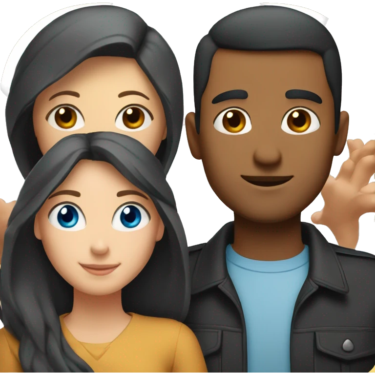 Couple with arms around each other; white woman with blue eyes and brown hair, Indian man with black hair  emoji