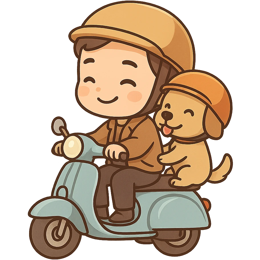 man and his pet dog riding a vespa emoji