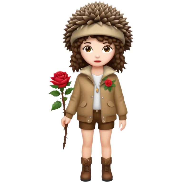 full body woman short curly brown mullet hair brown eyes white skin wearing hedgehog hat and thorny rose jacket emoji