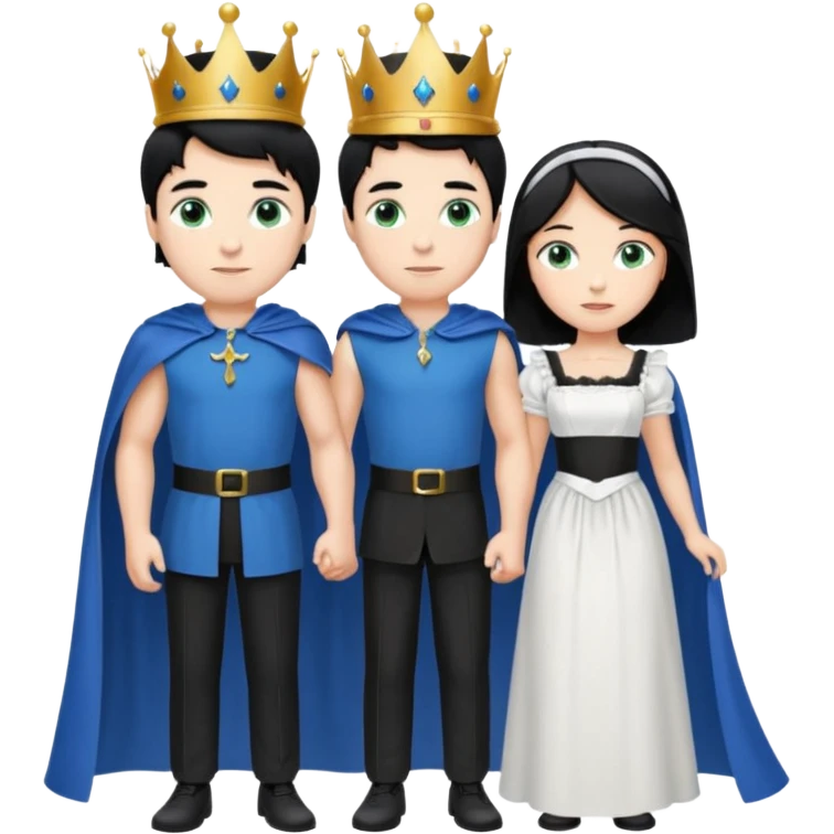Prince with crown, blue cape and trousers, body and legs, black hair, blue eyes and maid, blonde hair, green eyes, sexy white short sleveless dress,  emoji