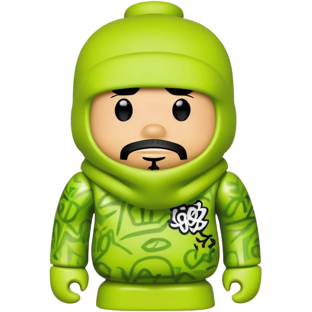 bearbrick toy wearing a lime green balaclava with graffiti design and chill relaxed thick eyebrows showing above emoji