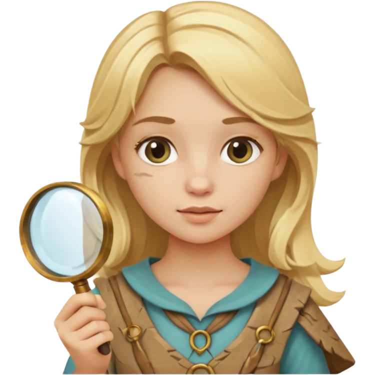 blonde haired girl in archaeological outfit, holding magnifying glass emoji