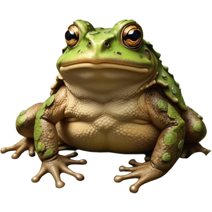 Cinematic Noble Toad Portrait Emoji, Poised and earthy, with a stout, robust build covered in textured, warty skin in warm, natural tones and deep, observant eyes, Simplified yet sharp and sophisticated features, highly detailed, glowing with a soft, natural mossy glow, high shine, intelligent and grounded, stylized with an air of rustic authority, focused and steady, soft glowing outline, capturing the essence of a watchful amphibian guardian that appears ready to leap out of the screen with effortless command! emoji