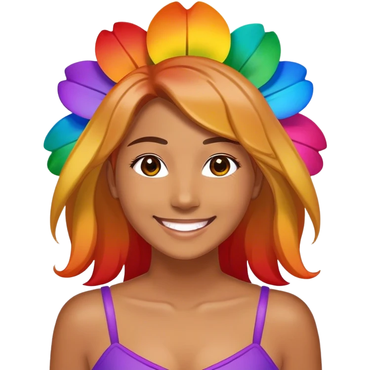 rainbow flower with 6 petals (top red) (right to red is orange) (next to orange is yellow) (next to yellow is green) (next to green is blue) (next to blue is purple) tan face and smile emoji