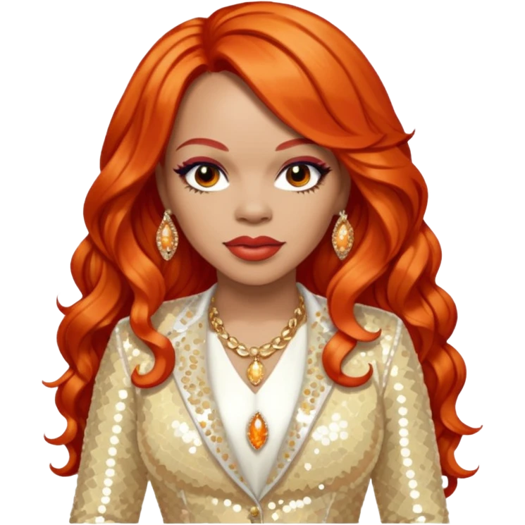Faith Evans with long orange-red hair, ivory sequin outfit  emoji